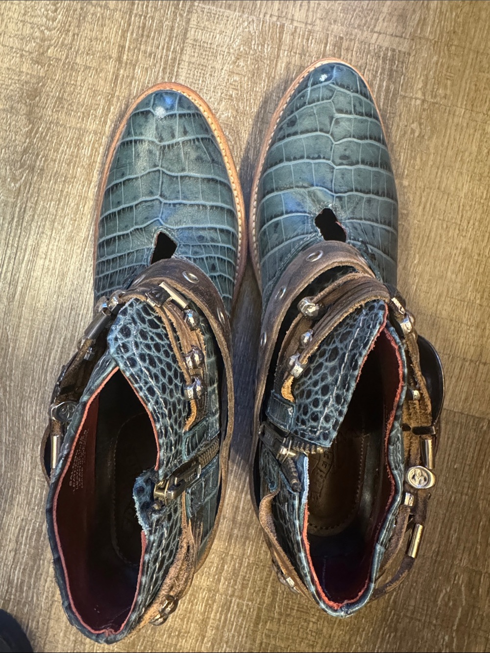 Freebird Leather Teal Croc-Textured Ankle Boots with Brown Strap Accents - Picture 8 of 8